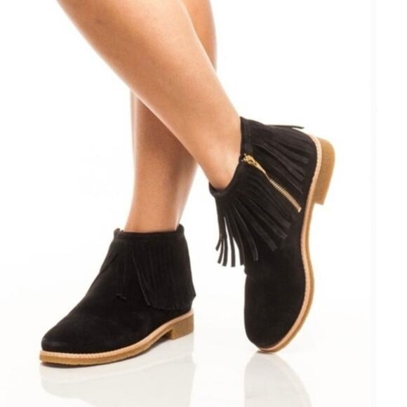 Kate Spade New York Size 9 Betsie Black Fringe Suede Ankle Booties Gold Zipper - Picture 1 of 16